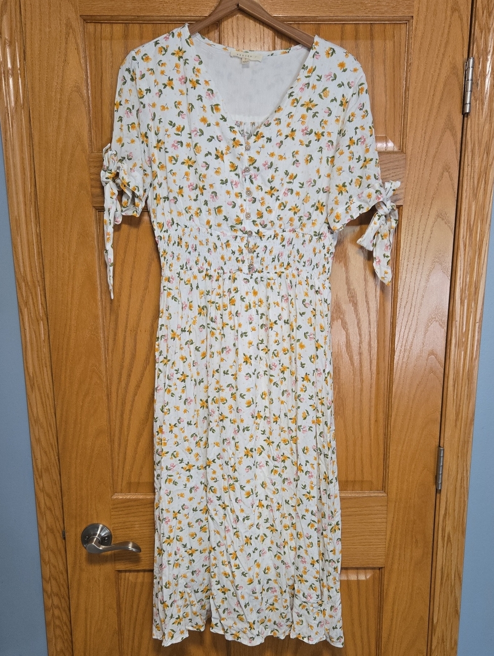 Reborn J White Midi Dress with Yellow & Pink Floral Print